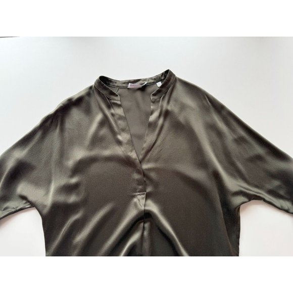 VINCE Olive Green Silk Charmeuse Split Neck Relaxed Tunic Blouse, Size S - Picture 9 of 15